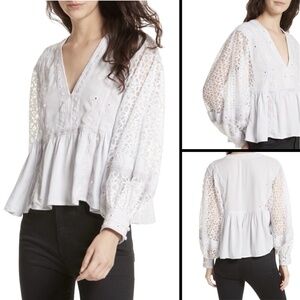 FREE PEOPLE Boogie All Night Eyelet Top Silver Gray Balloon Sleeve Boho XS